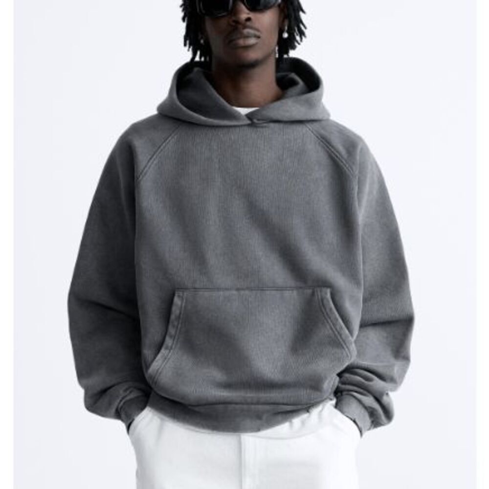 ZARA‎ Washed Out Hooded Sweatshirt Distressed Hem and Cuff Charcoal Gray Small
